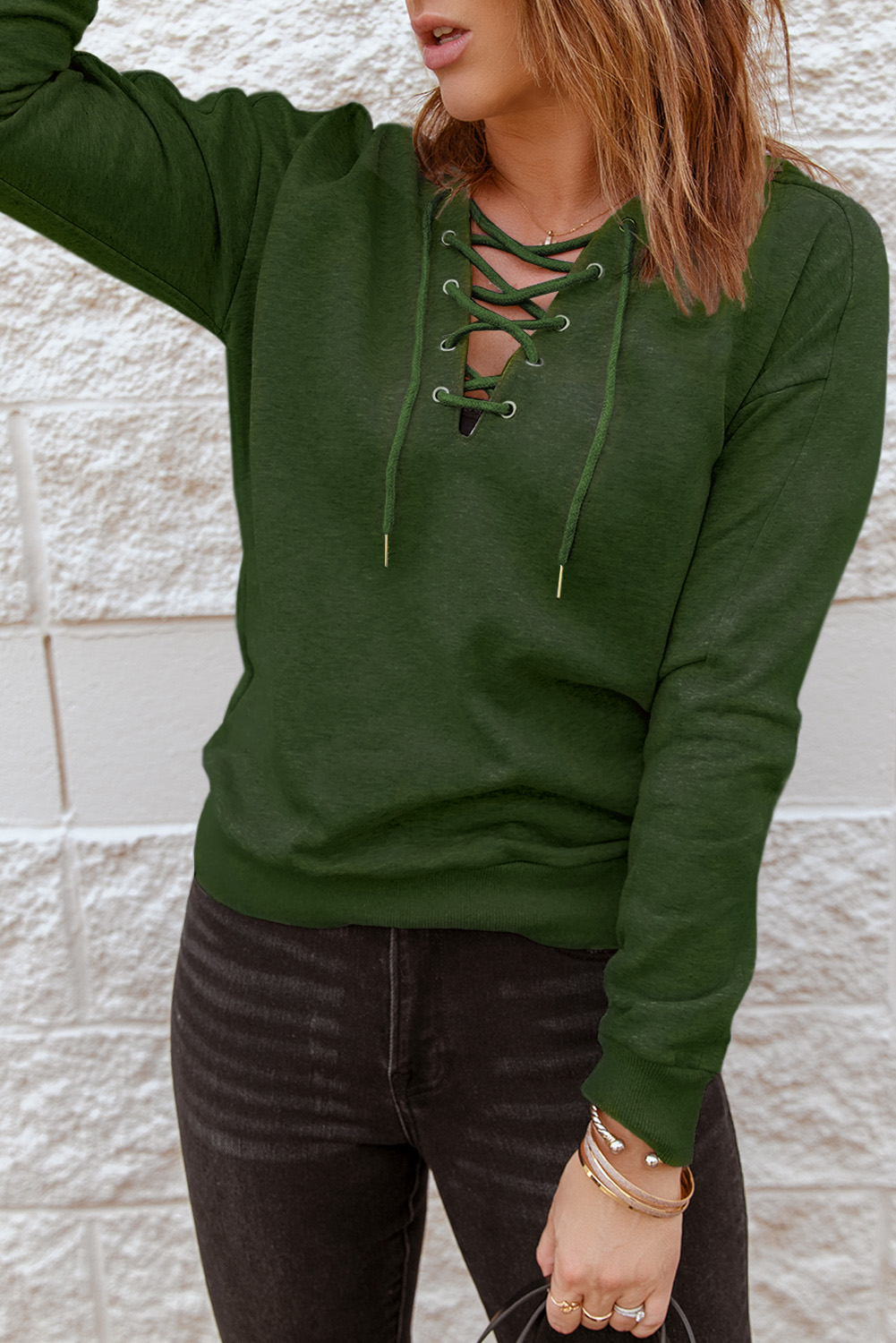 Green Casual Solid Color Lace-Up Hoodie