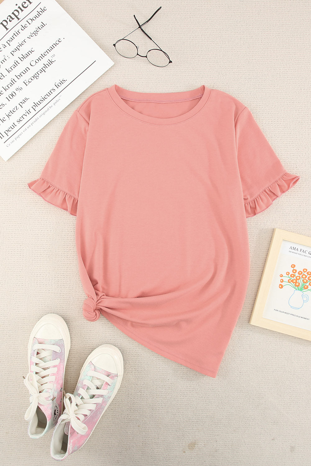 Solid Ruffled Short Sleeve T-Shirt