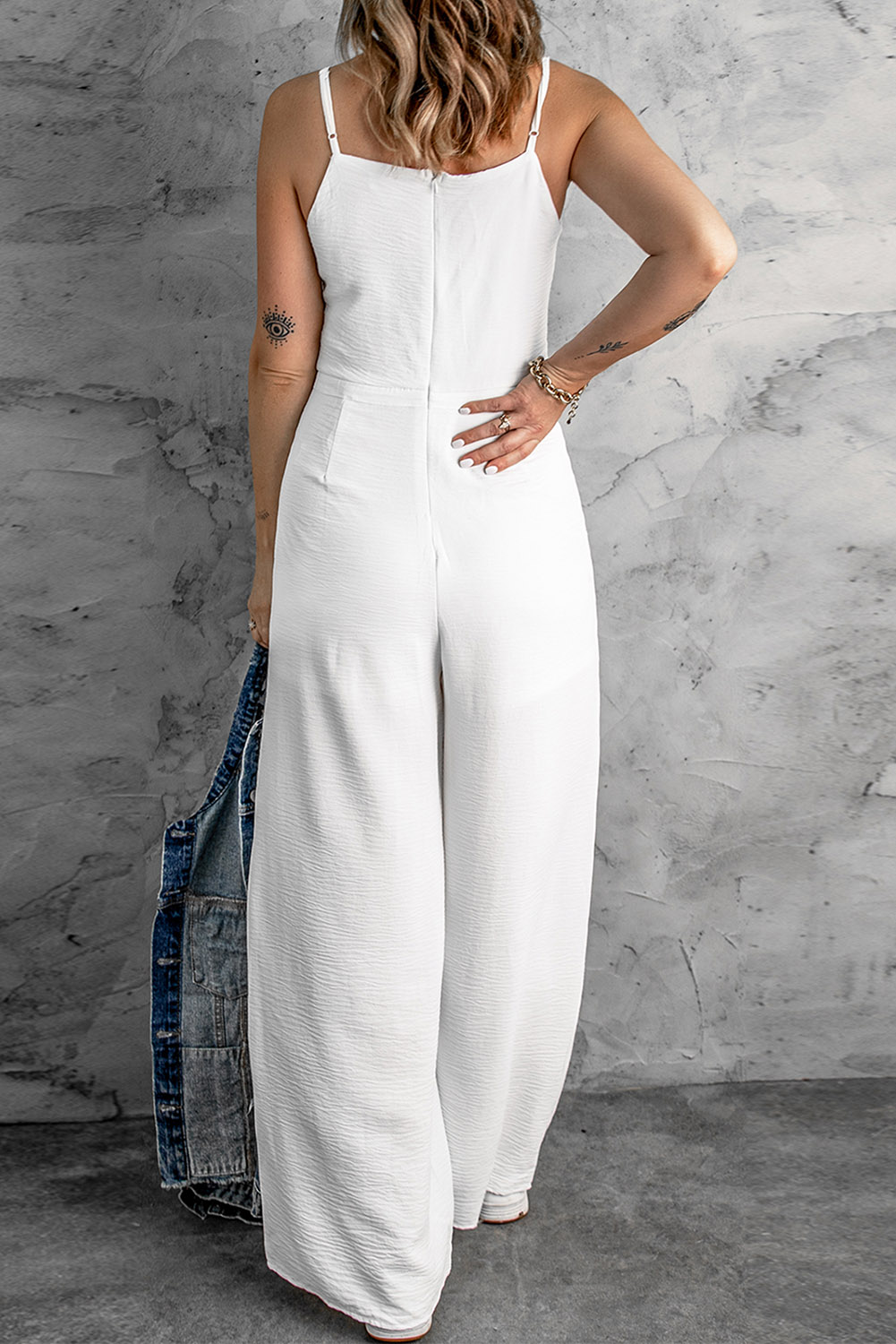 Solid Spaghetti Strap Wide Leg Drawstring High Waist Jumpsuit