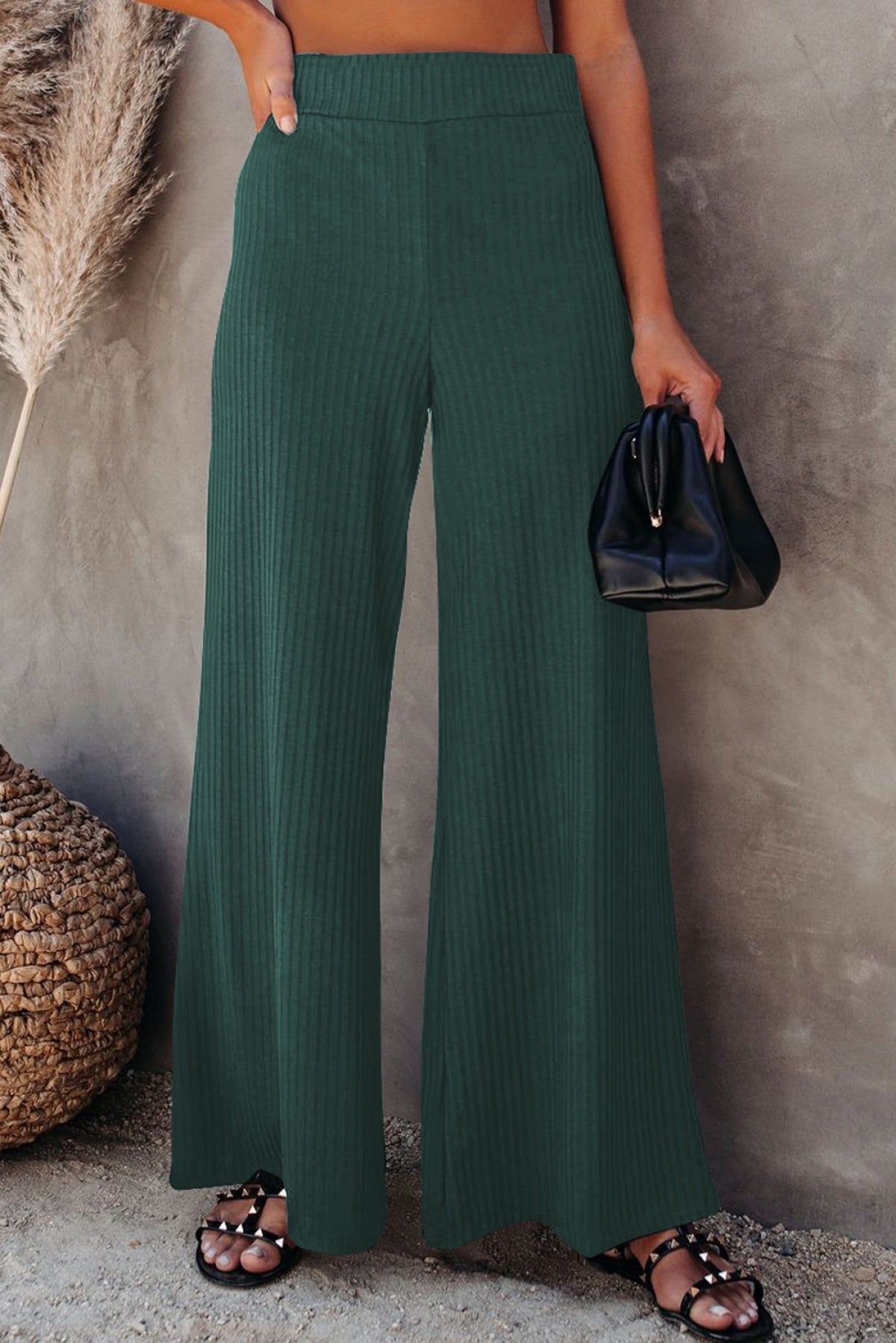 Ribbed Knit High Rise Wide Leg Pants