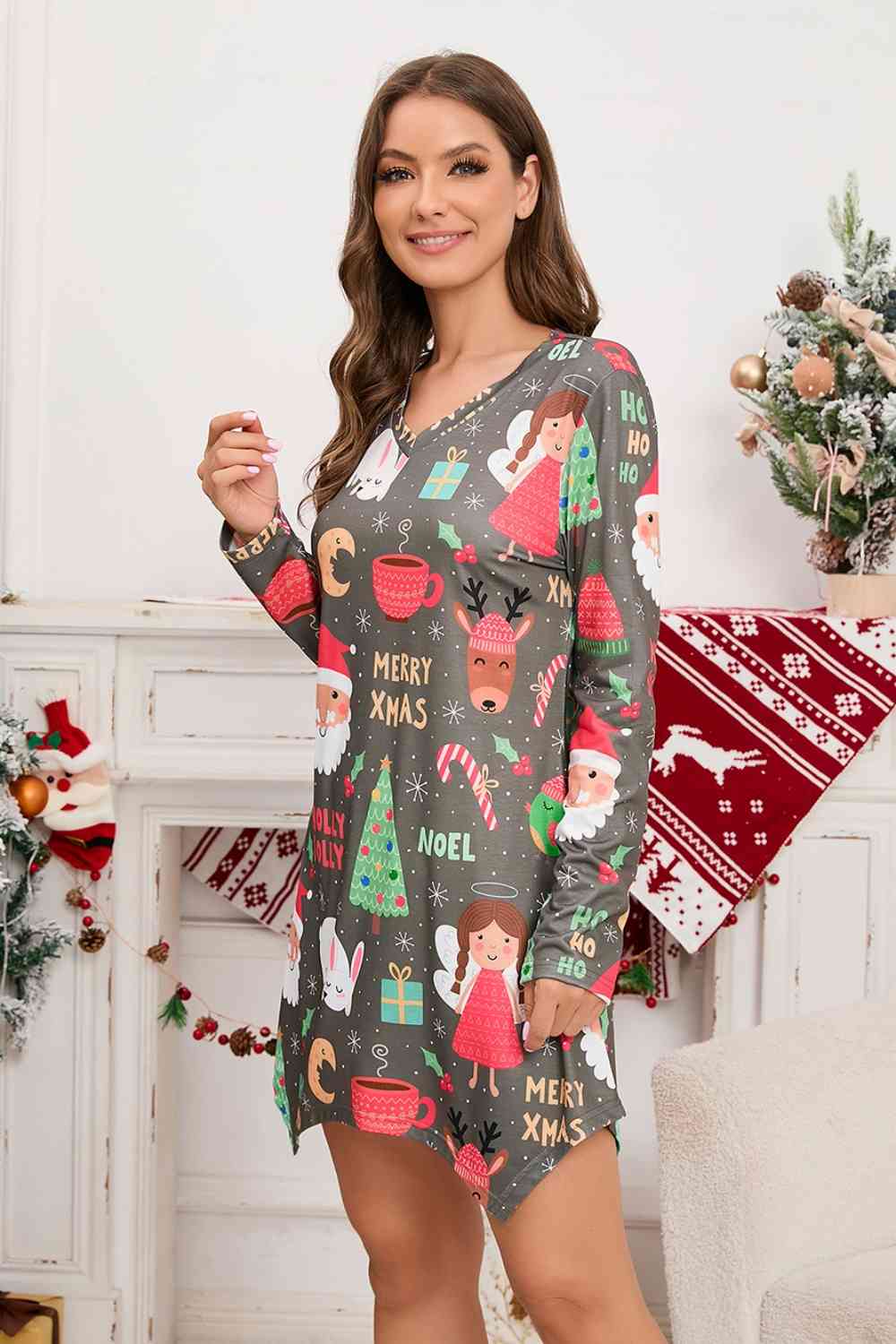 Christmas Element V-Neck Long Sleeve Mini Dress