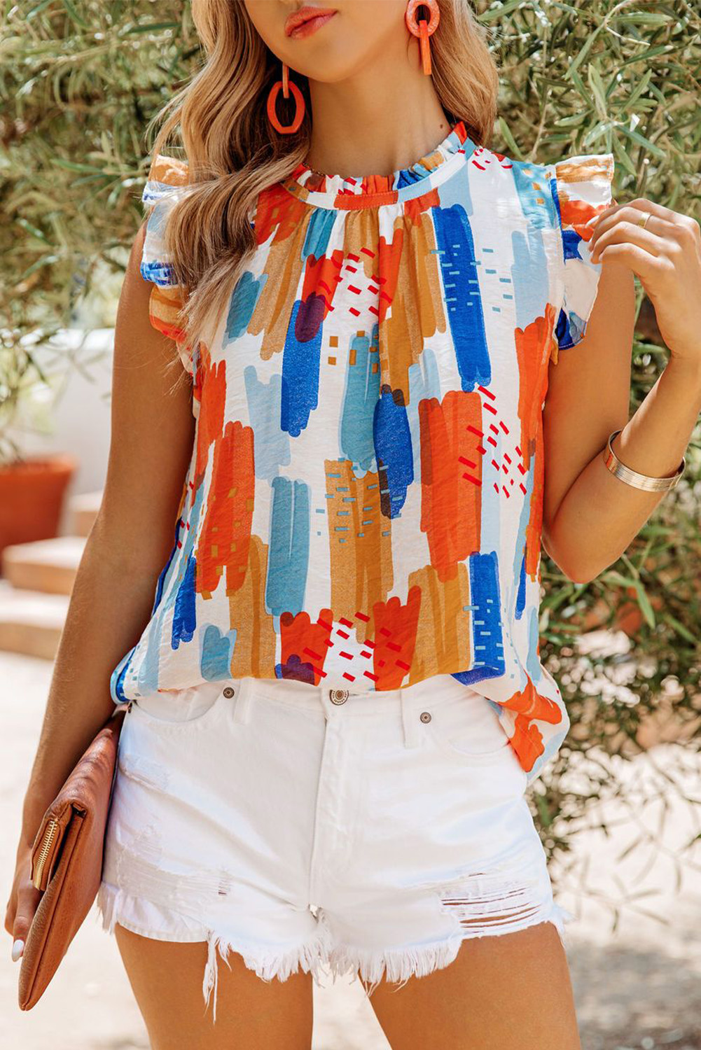 Multicolor Printed Ruffle Flutter Sleeve Tank Top