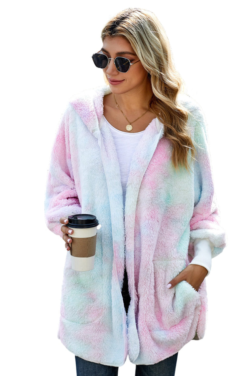 Tie Dye Soft Fleece Hooded Open Front Coat