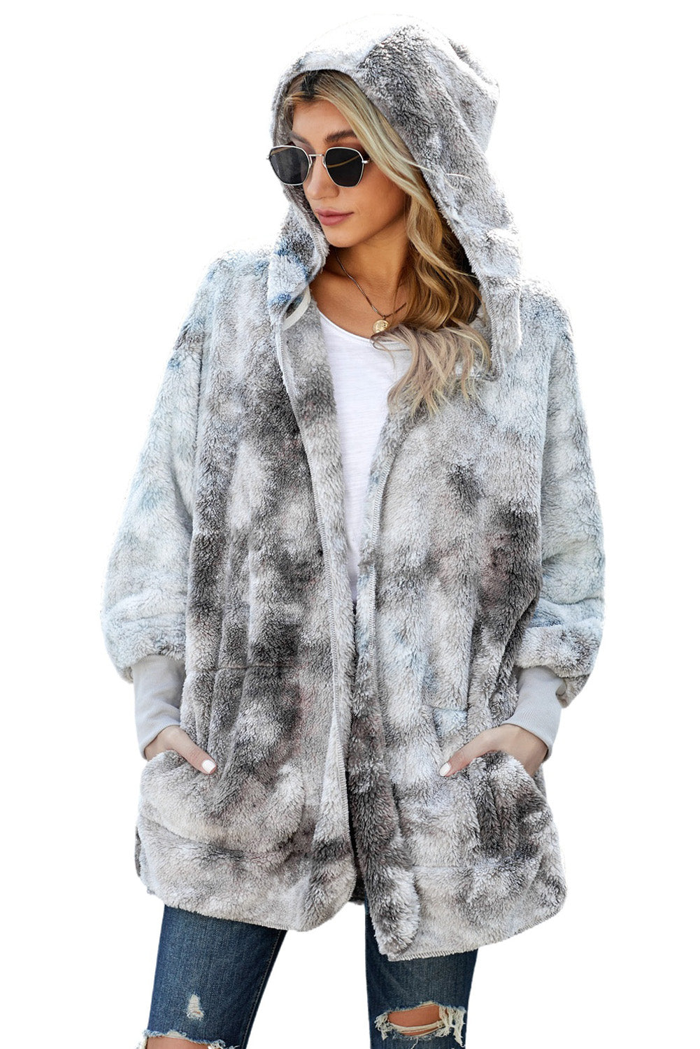 Tie Dye Soft Fleece Hooded Open Front Coat