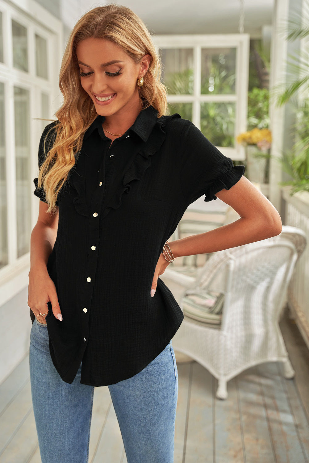 Buttoned Short Sleeves Shirt With Ruffles