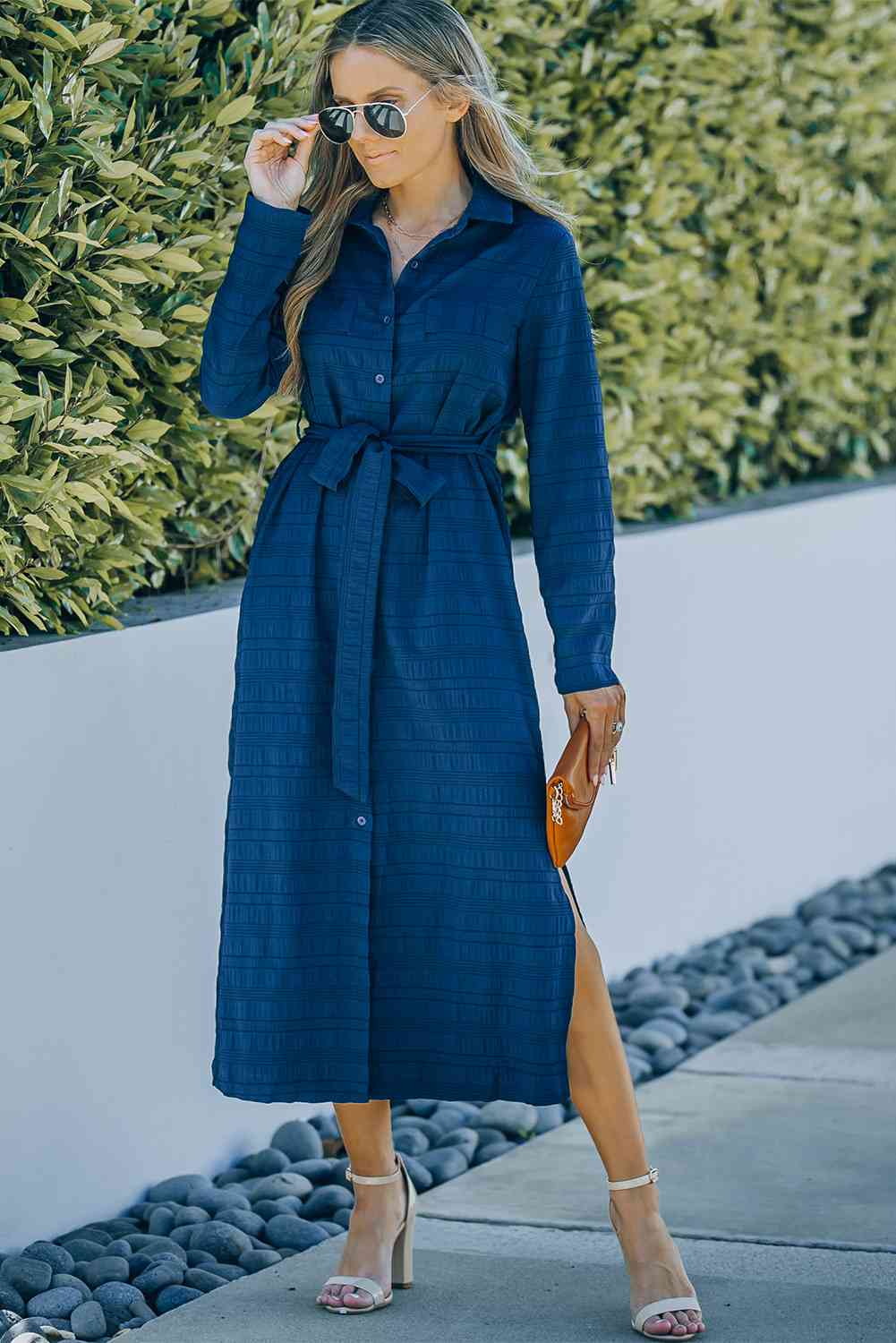 Button Front Textured Slit Shirt Dress with Belt