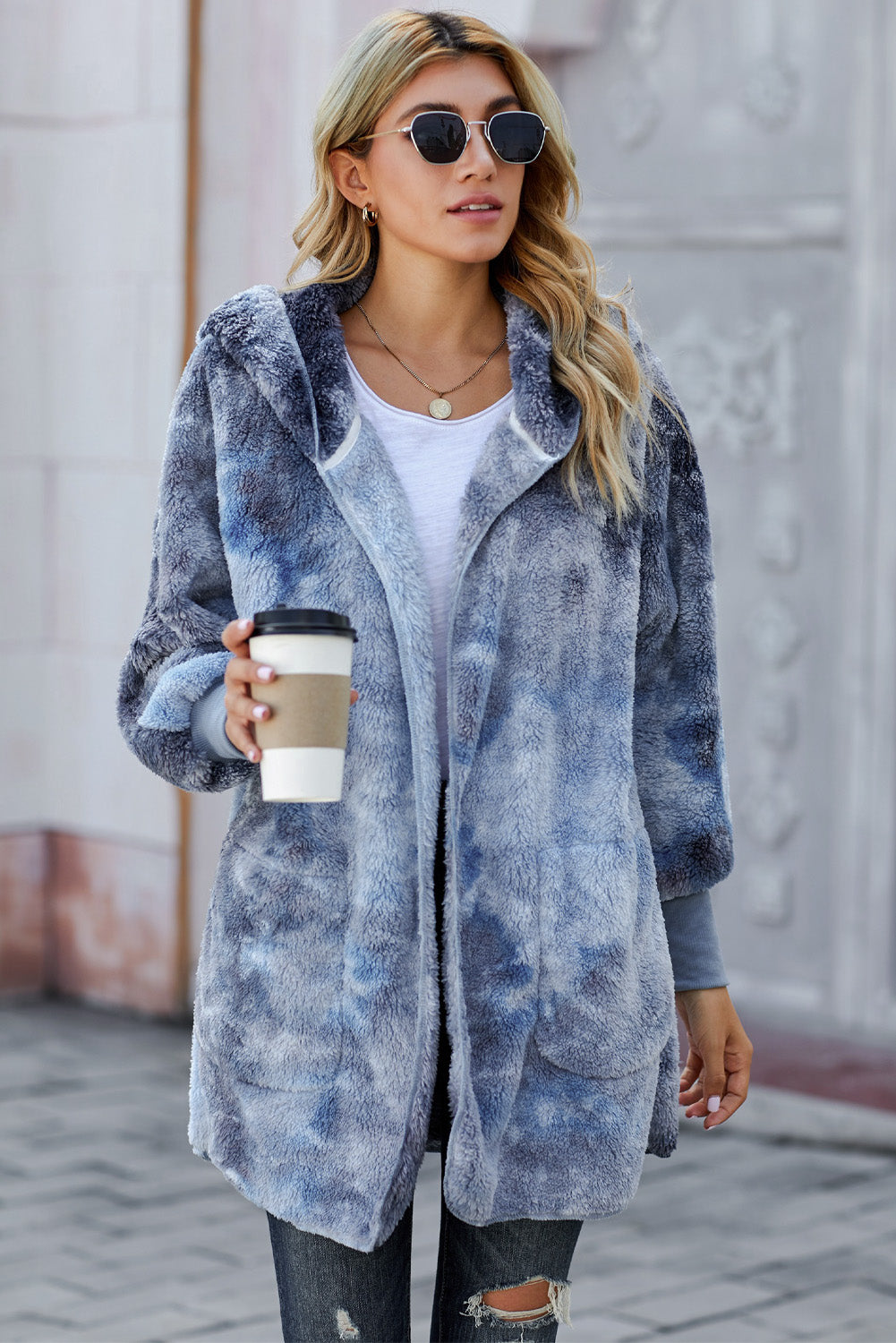 Tie Dye Soft Fleece Hooded Open Front Coat