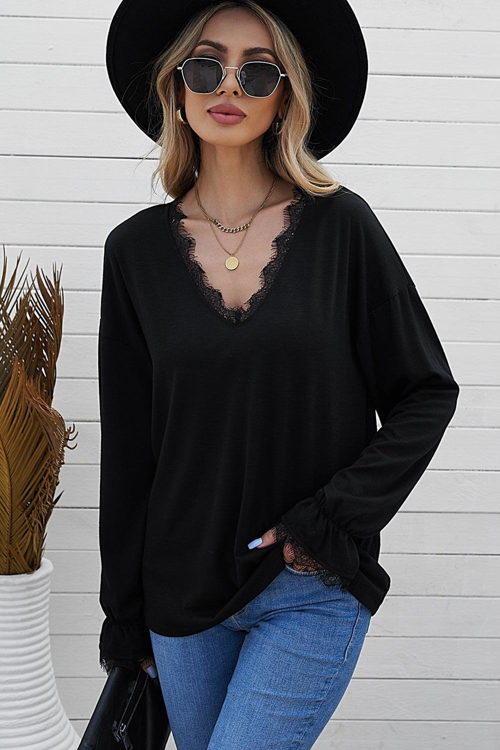 Solid Color Lace V Neck Long Sleeve Top