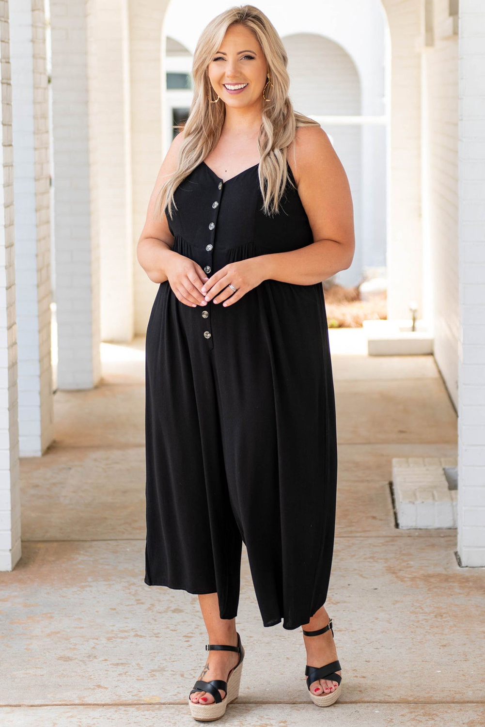 Black Buttons Sleeveless Wide Leg Plus Size Jumpsuit