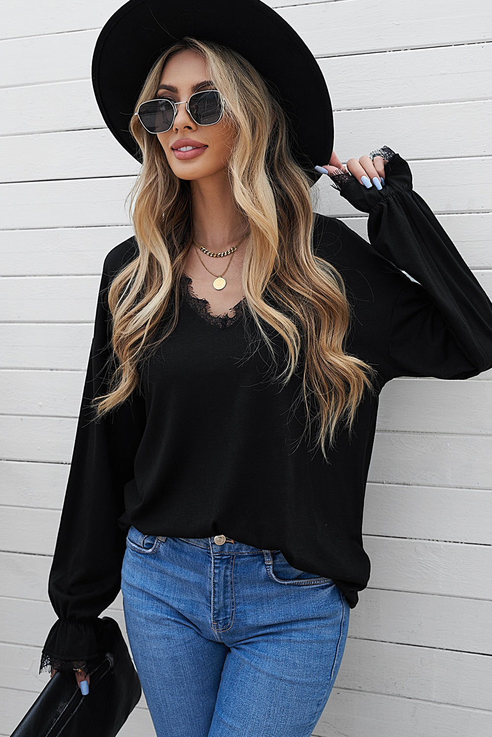 Solid Color Lace V Neck Long Sleeve Top