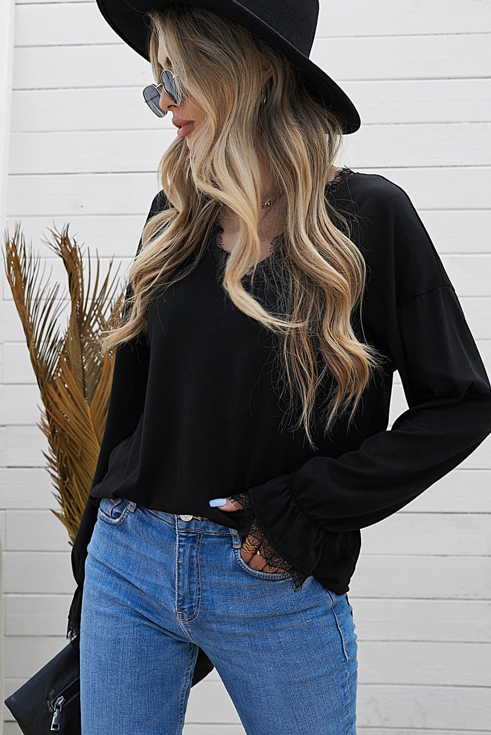 Solid Color Lace V Neck Long Sleeve Top