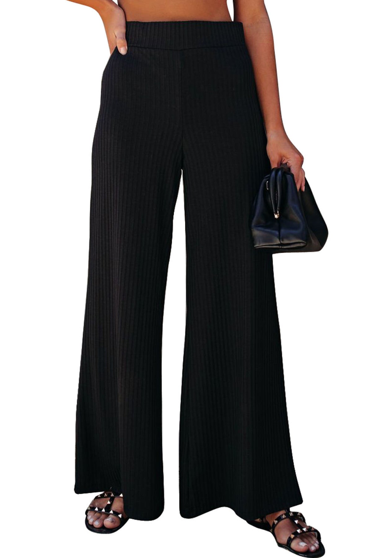 Ribbed Knit High Rise Wide Leg Pants