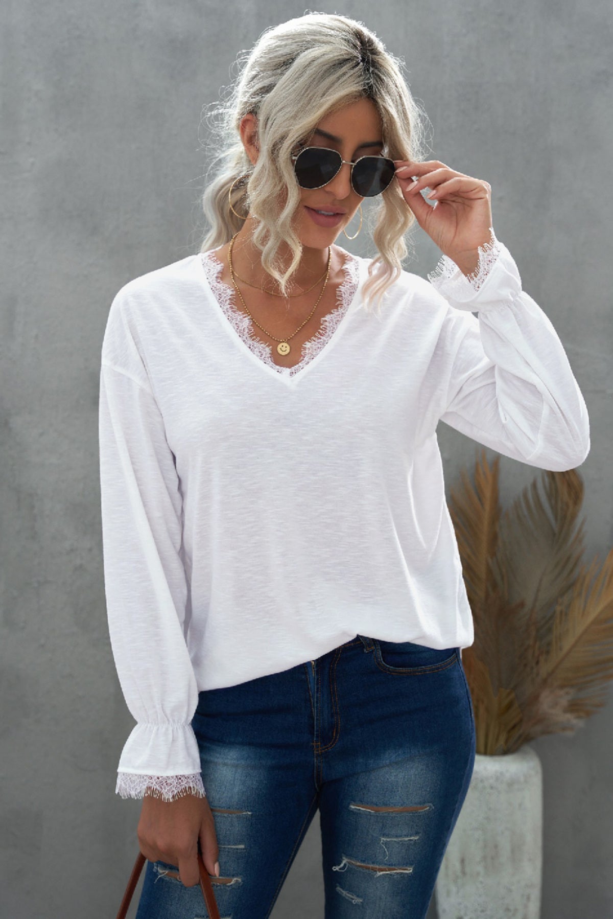 Solid Color Lace V Neck Long Sleeve Top