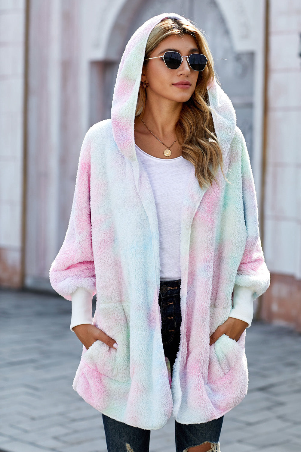 Tie Dye Soft Fleece Hooded Open Front Coat