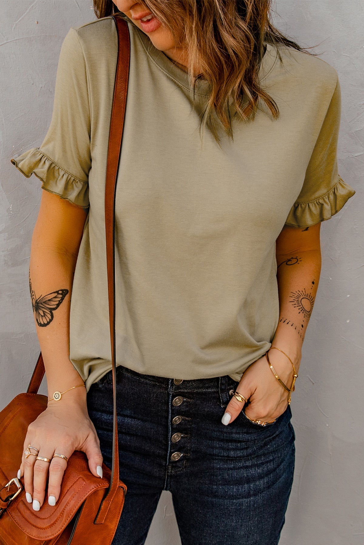 Solid Ruffled Short Sleeve T-Shirt