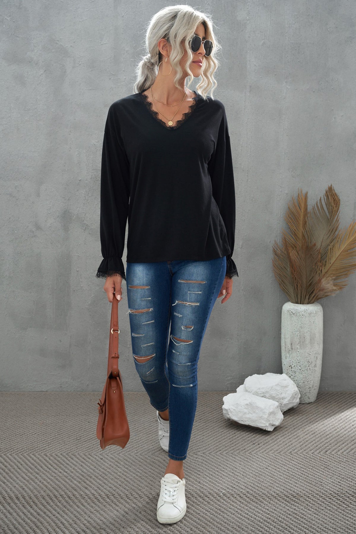 Solid Color Lace V Neck Long Sleeve Top