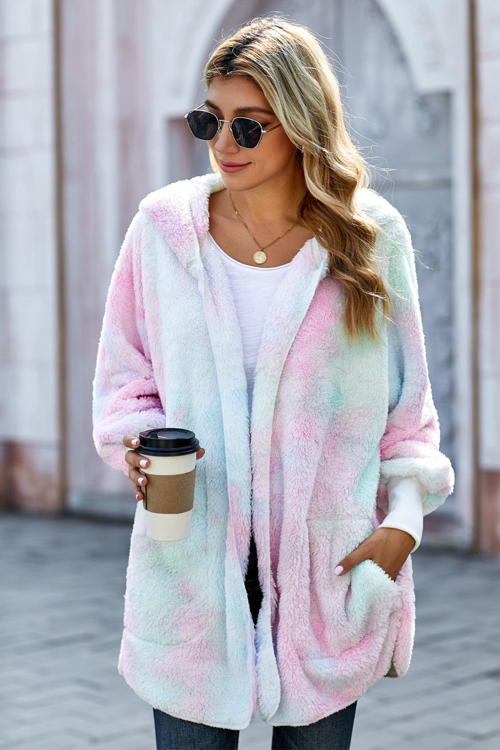 Tie Dye Soft Fleece Hooded Open Front Coat