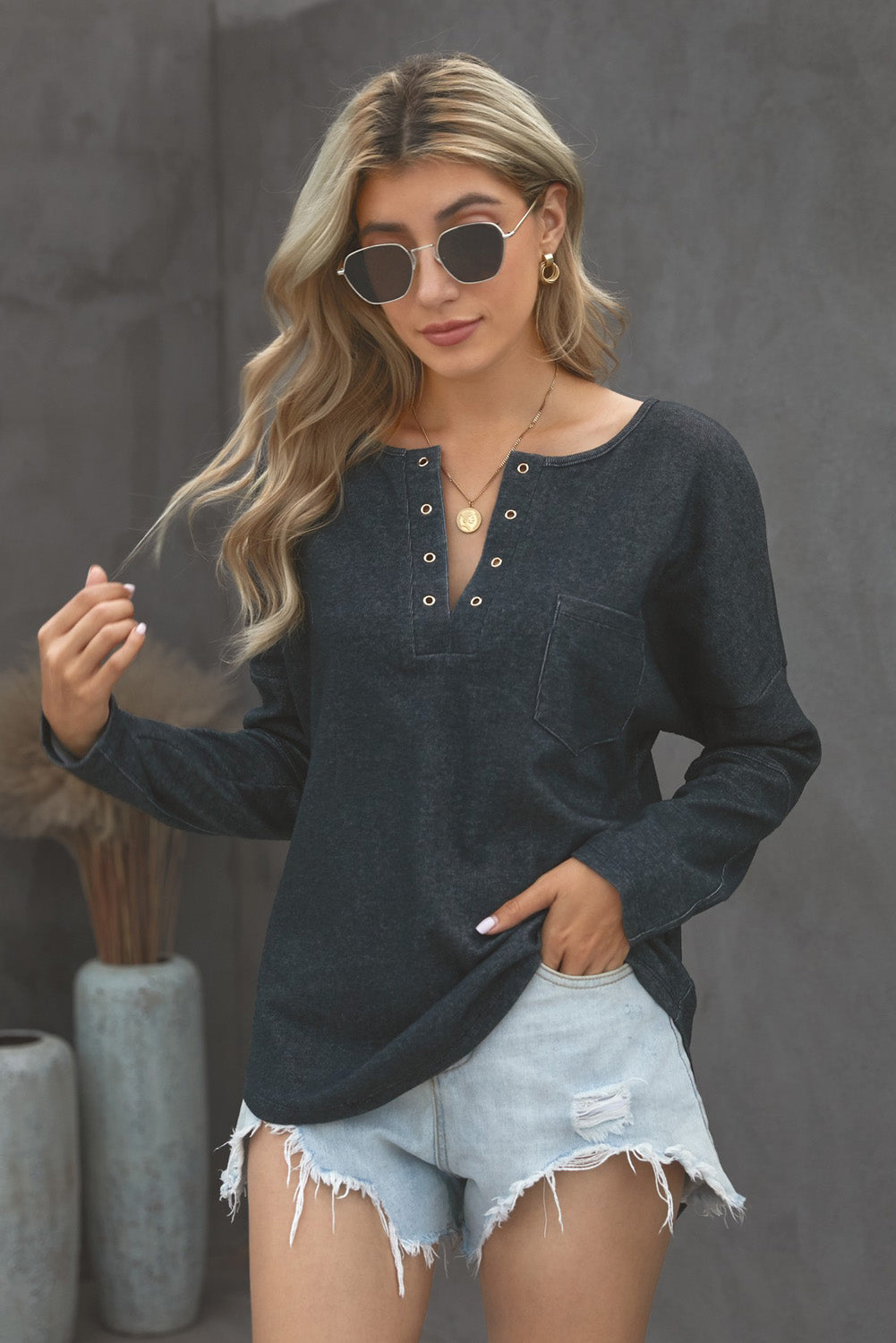 V Neck Washed Grommet Top