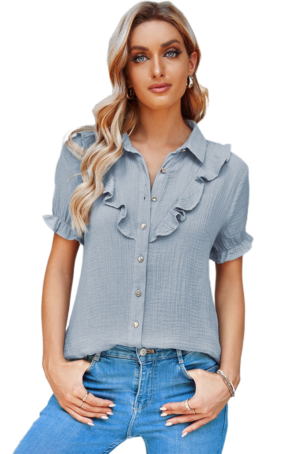 Buttoned Short Sleeves Shirt With Ruffles