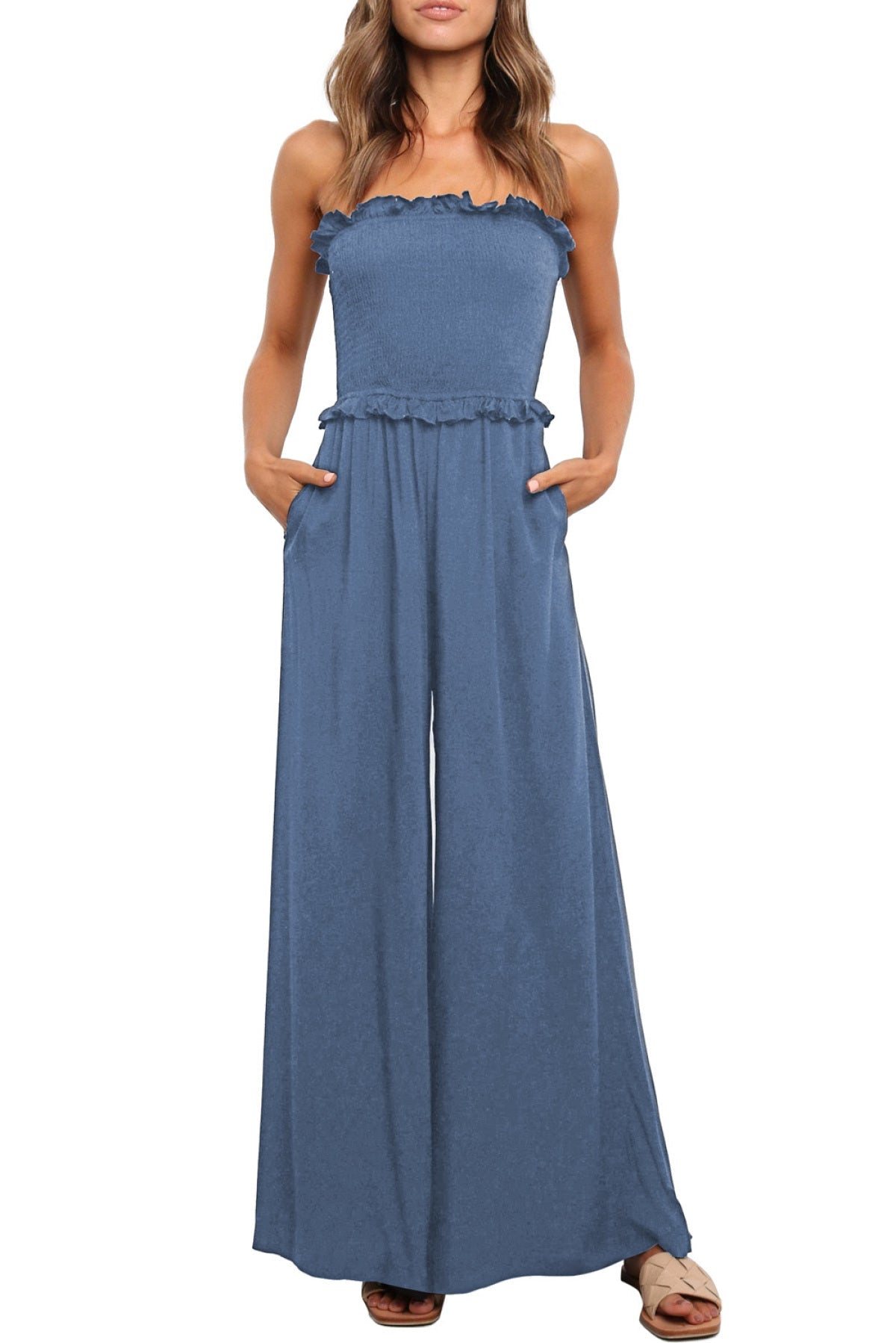 Smocked Bandeau Wide Leg Jumpsuit