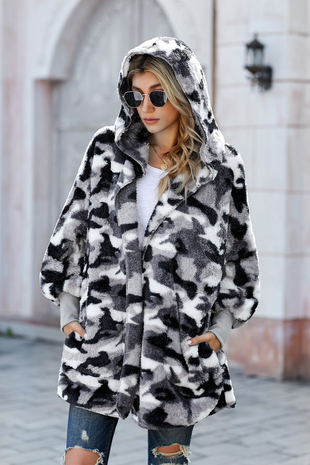 Tie Dye Soft Fleece Hooded Open Front Coat