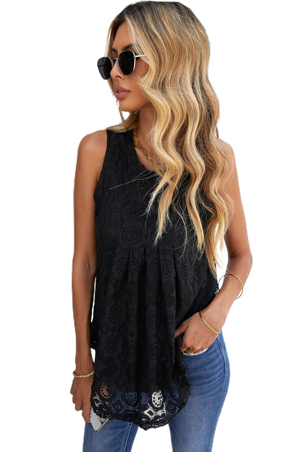 Lace Hollow Out Sleeveless T-Shirt