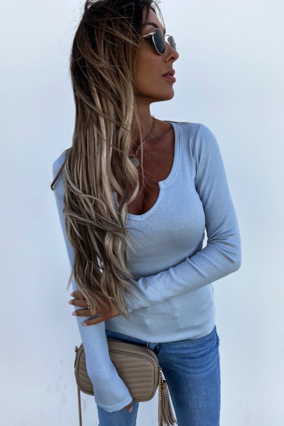 Split Round Neck Ribbed Knit Top