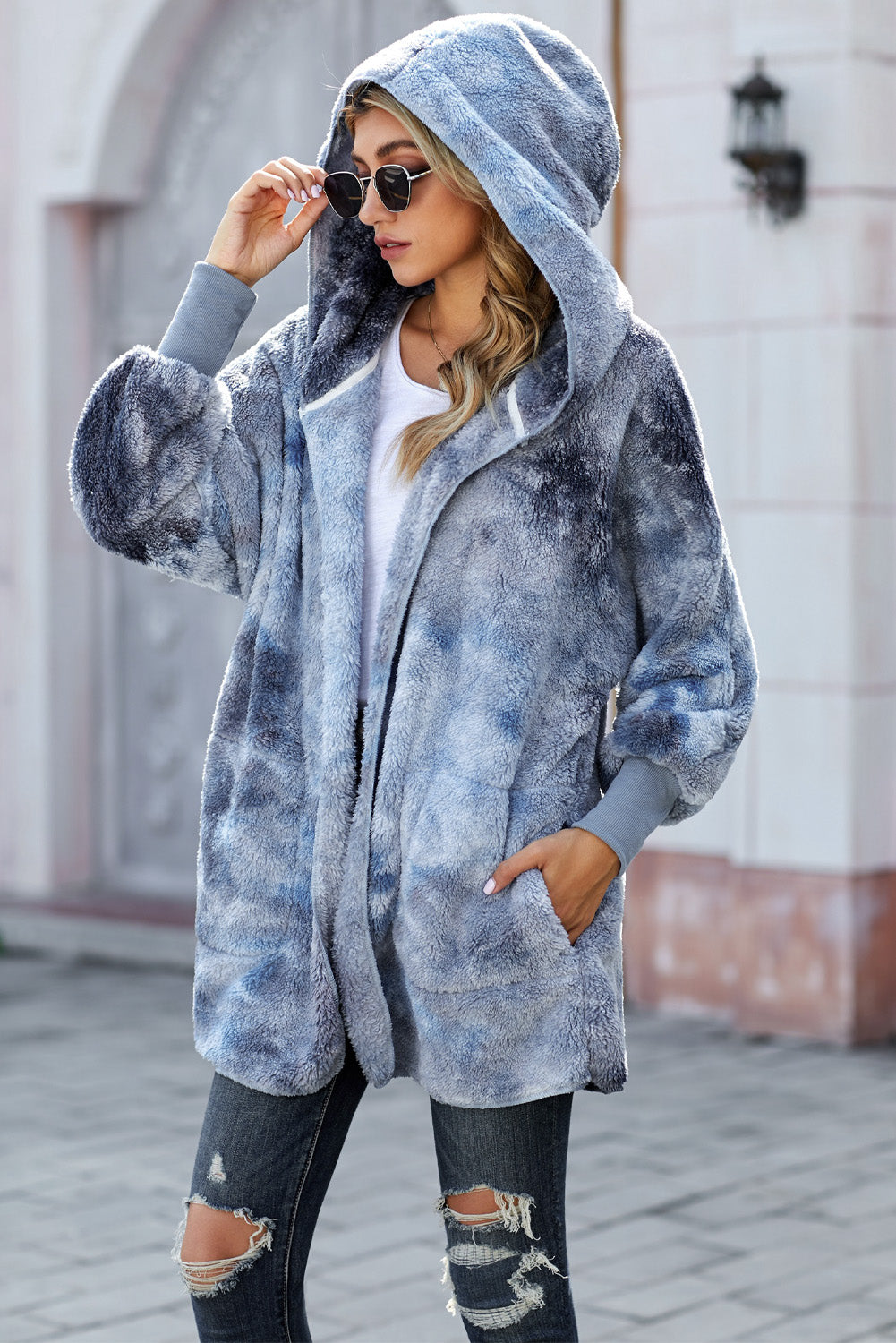 Tie Dye Soft Fleece Hooded Open Front Coat