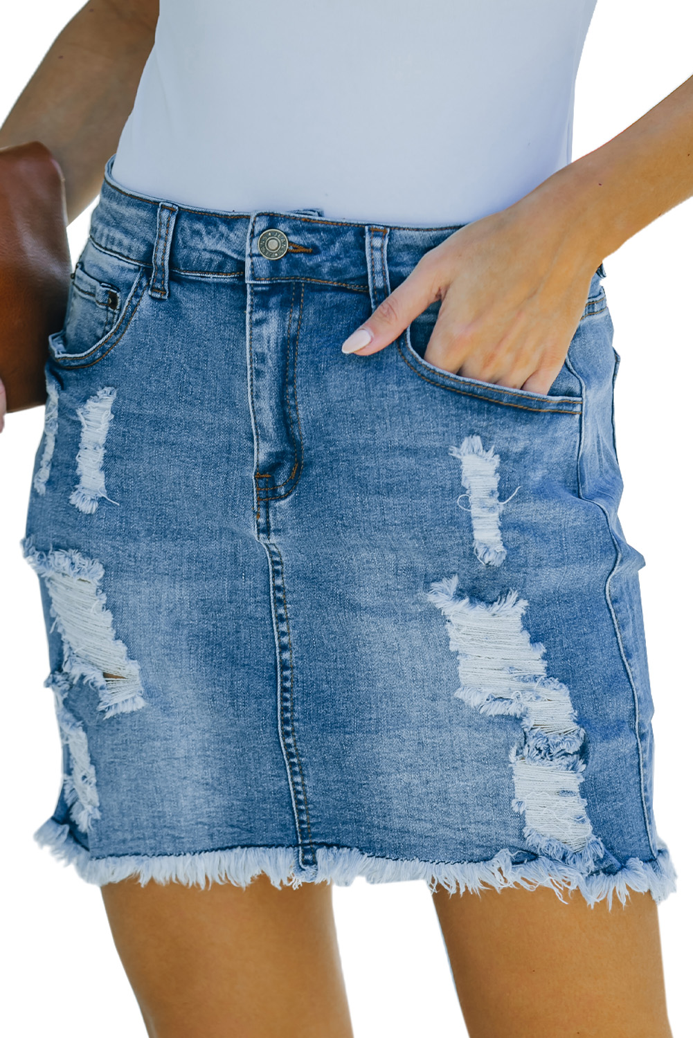 Blue Distressed Raw Hem Denim Mini Skirt