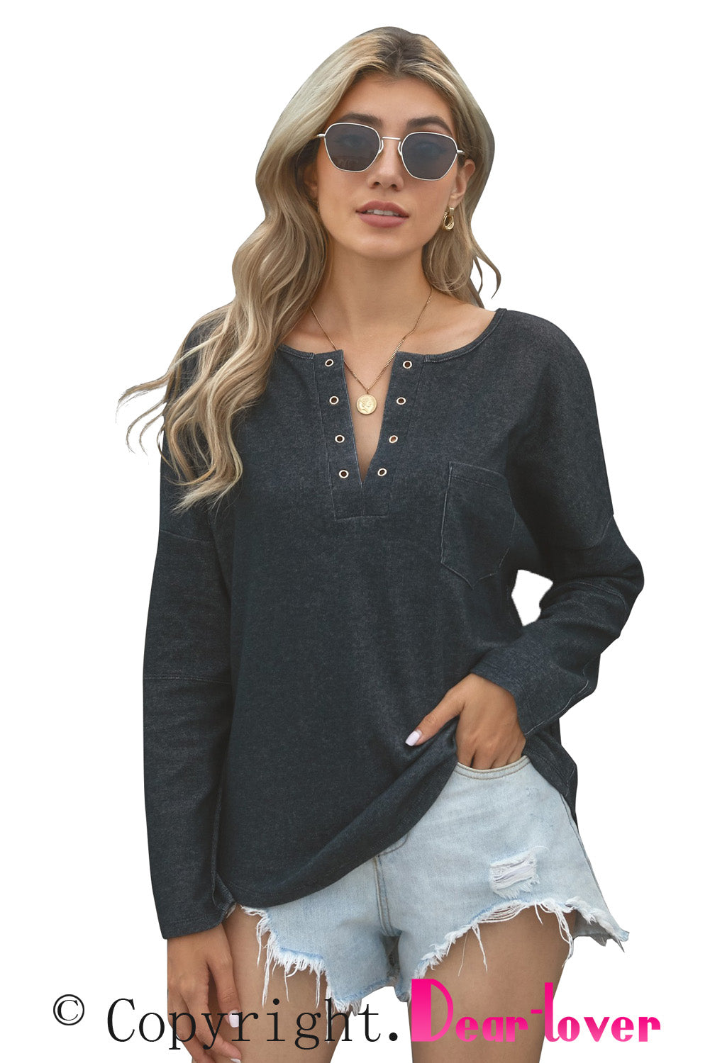 V Neck Washed Grommet Top