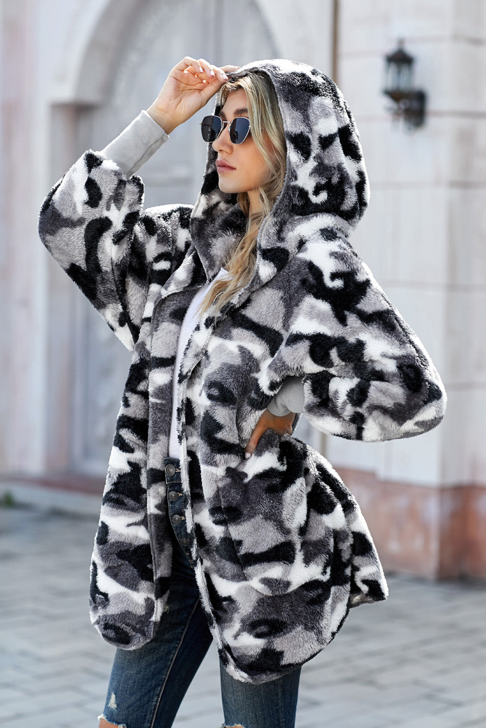 Tie Dye Soft Fleece Hooded Open Front Coat