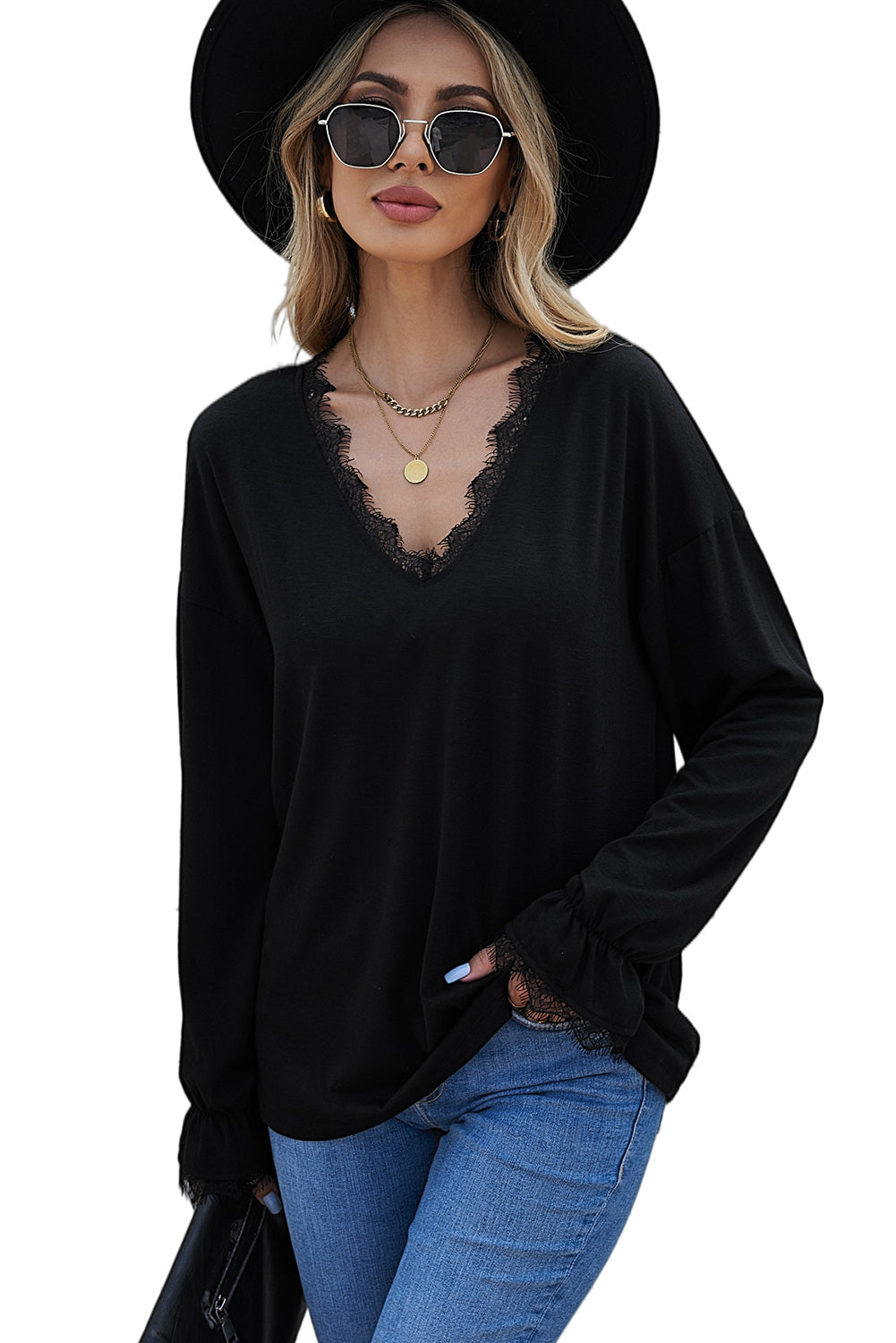 Solid Color Lace V Neck Long Sleeve Top