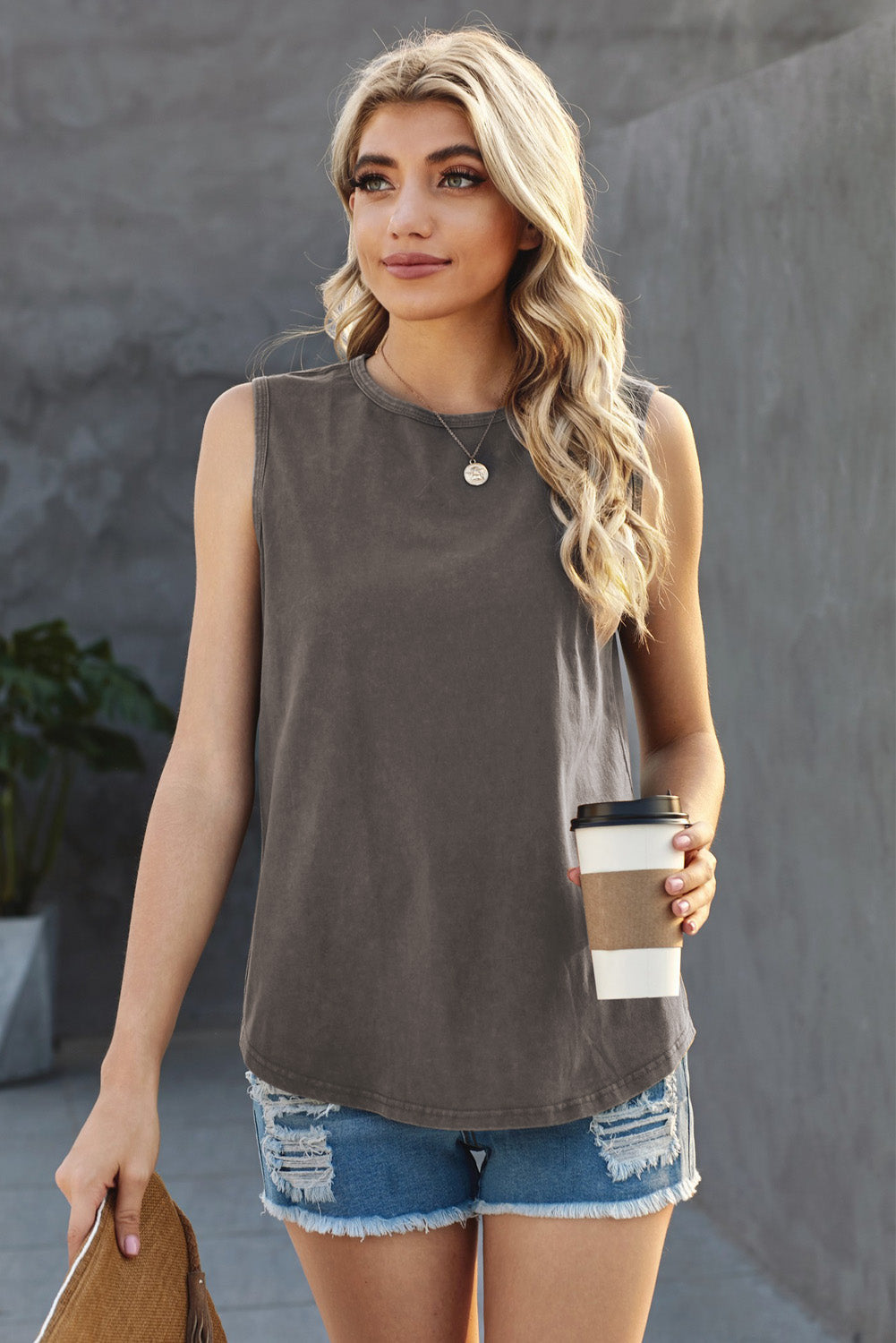 Round Neck Cotton Blend Tank