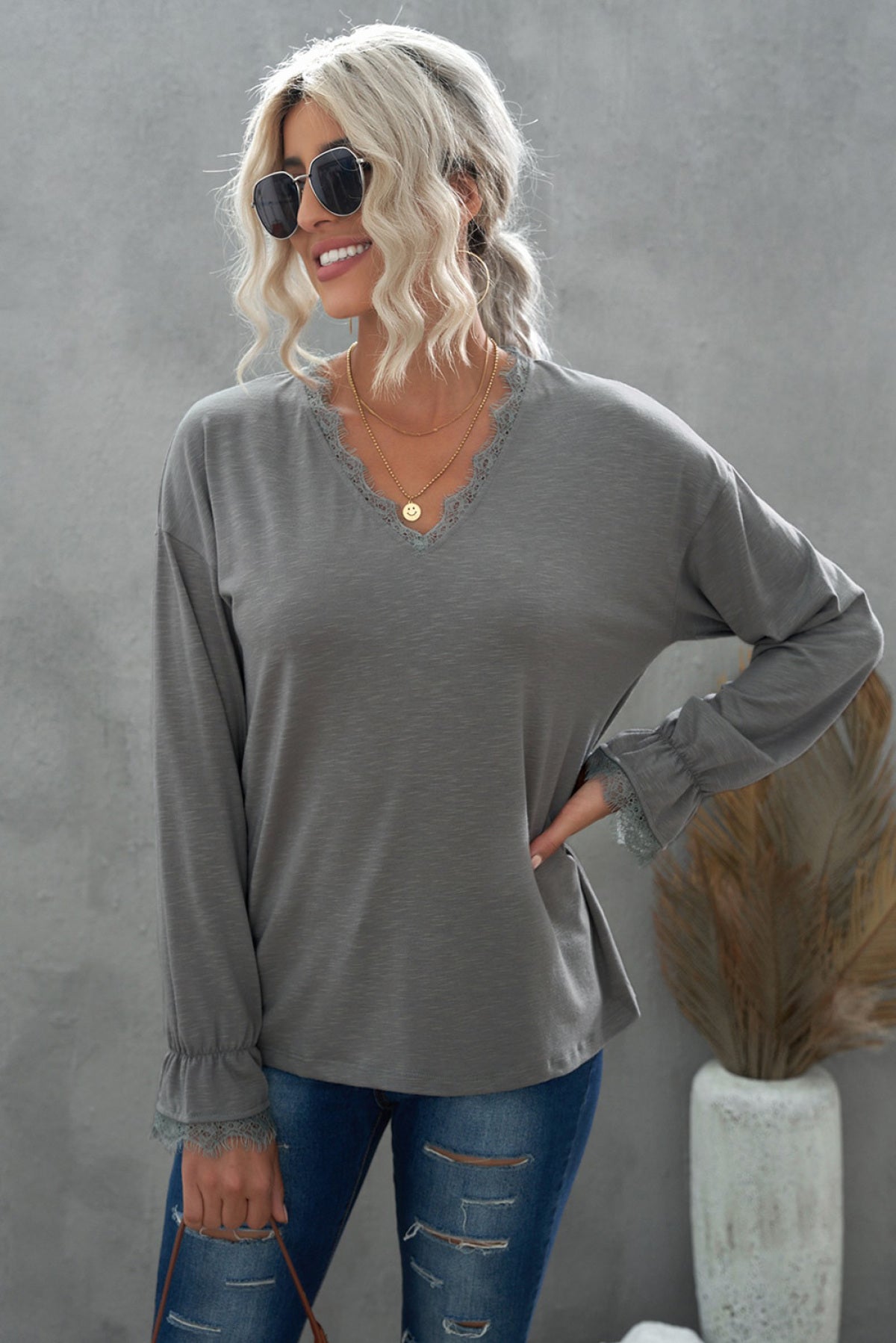 Solid Color Lace V Neck Long Sleeve Top