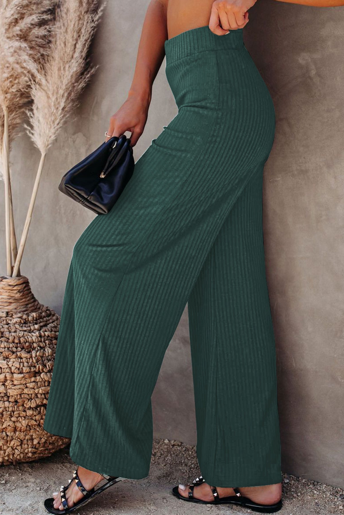 Ribbed Knit High Rise Wide Leg Pants