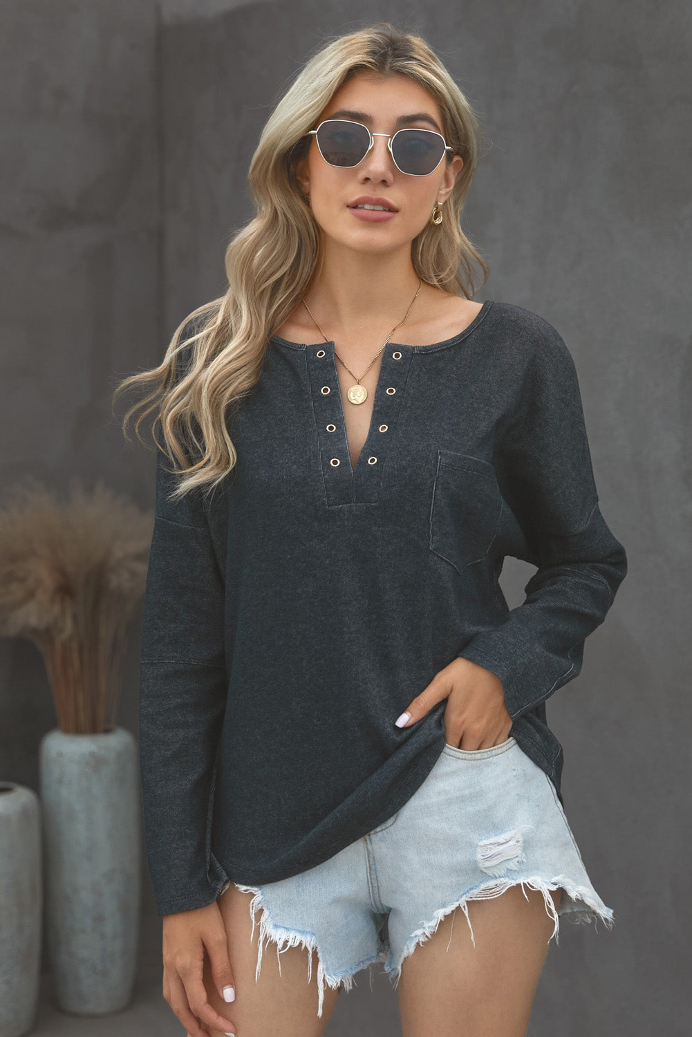 V Neck Washed Grommet Top