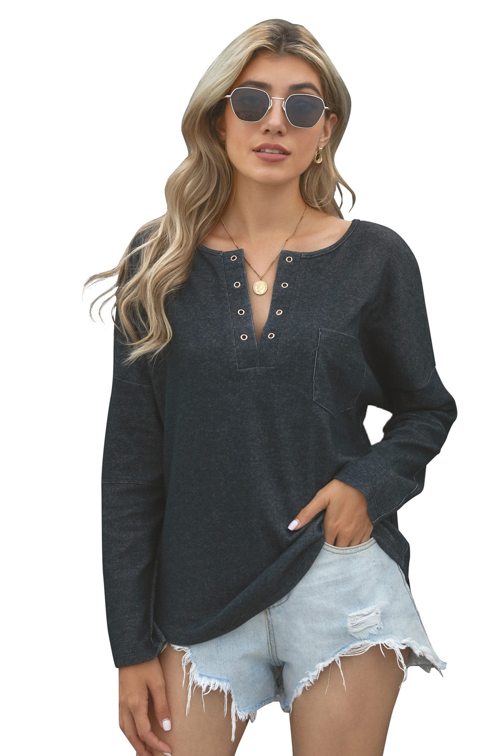 V Neck Washed Grommet Top