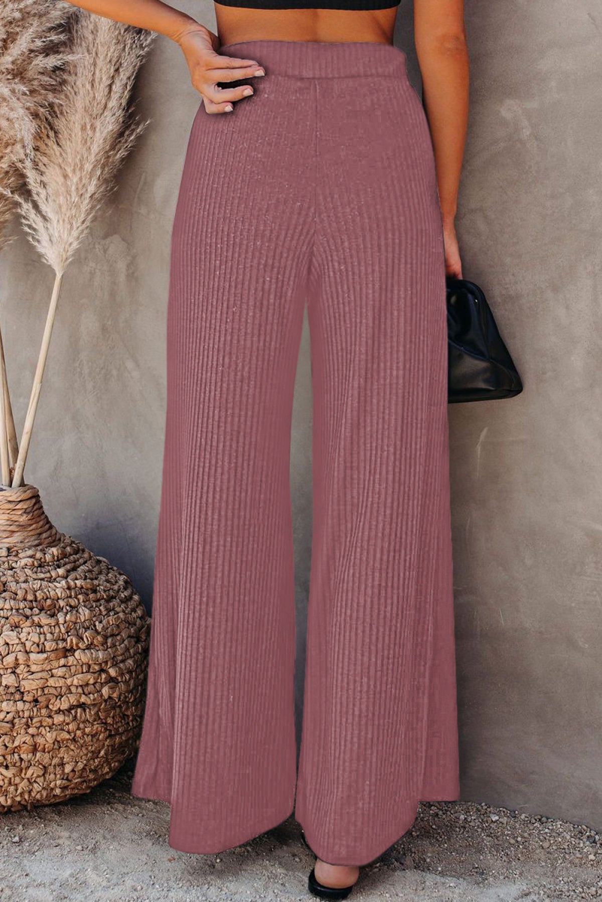 Ribbed Knit High Rise Wide Leg Pants