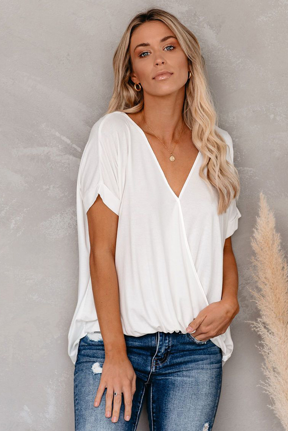 White Short Sleeves Drape Knit Top