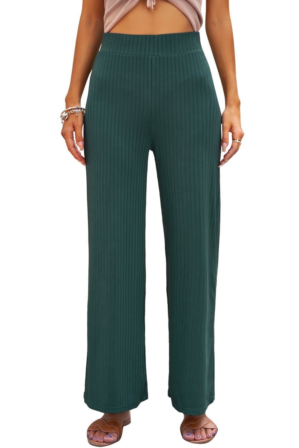 Ribbed Knit High Rise Wide Leg Pants