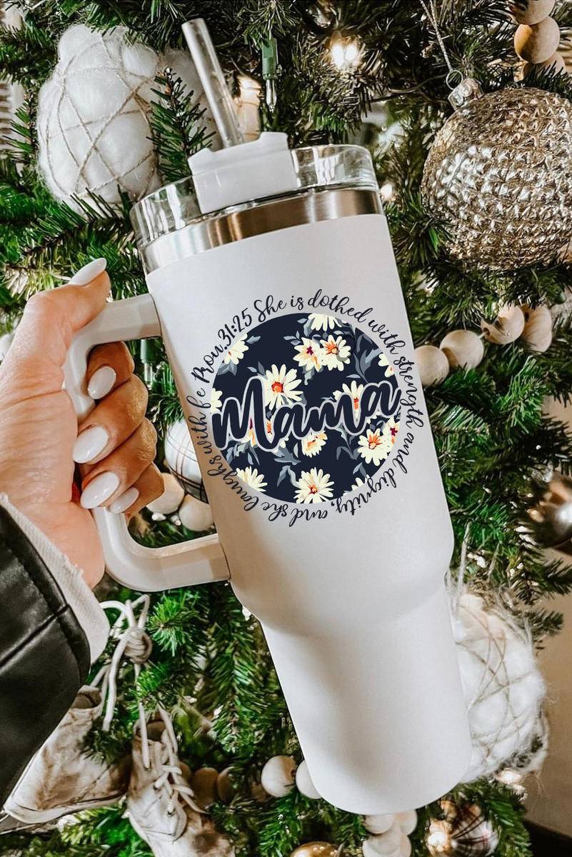 40Oz White Mama Daisy Print Stainless Steel Insulate Tumbler With Handle