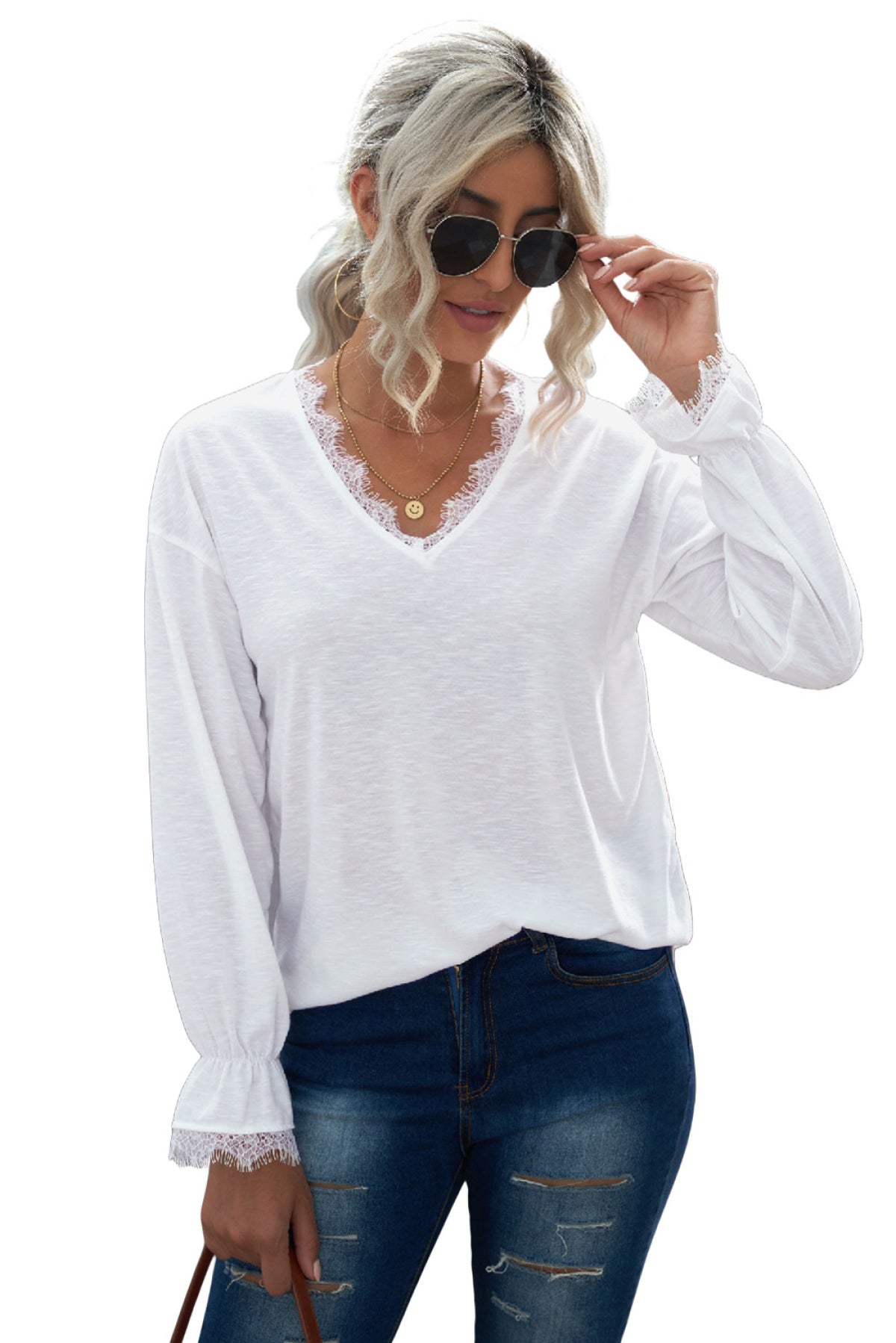 Solid Color Lace V Neck Long Sleeve Top