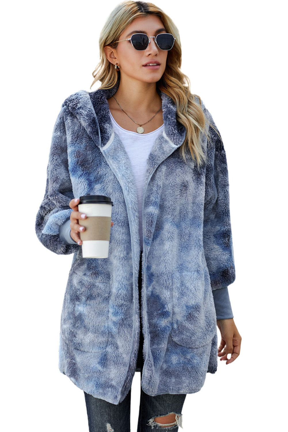 Tie Dye Soft Fleece Hooded Open Front Coat