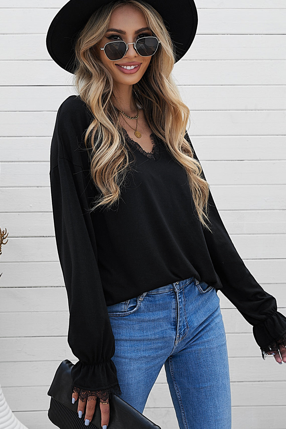 Solid Color Lace V Neck Long Sleeve Top