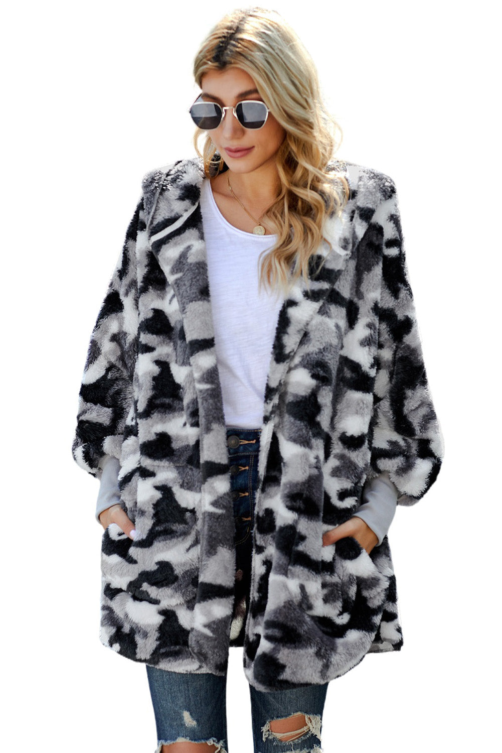 Tie Dye Soft Fleece Hooded Open Front Coat