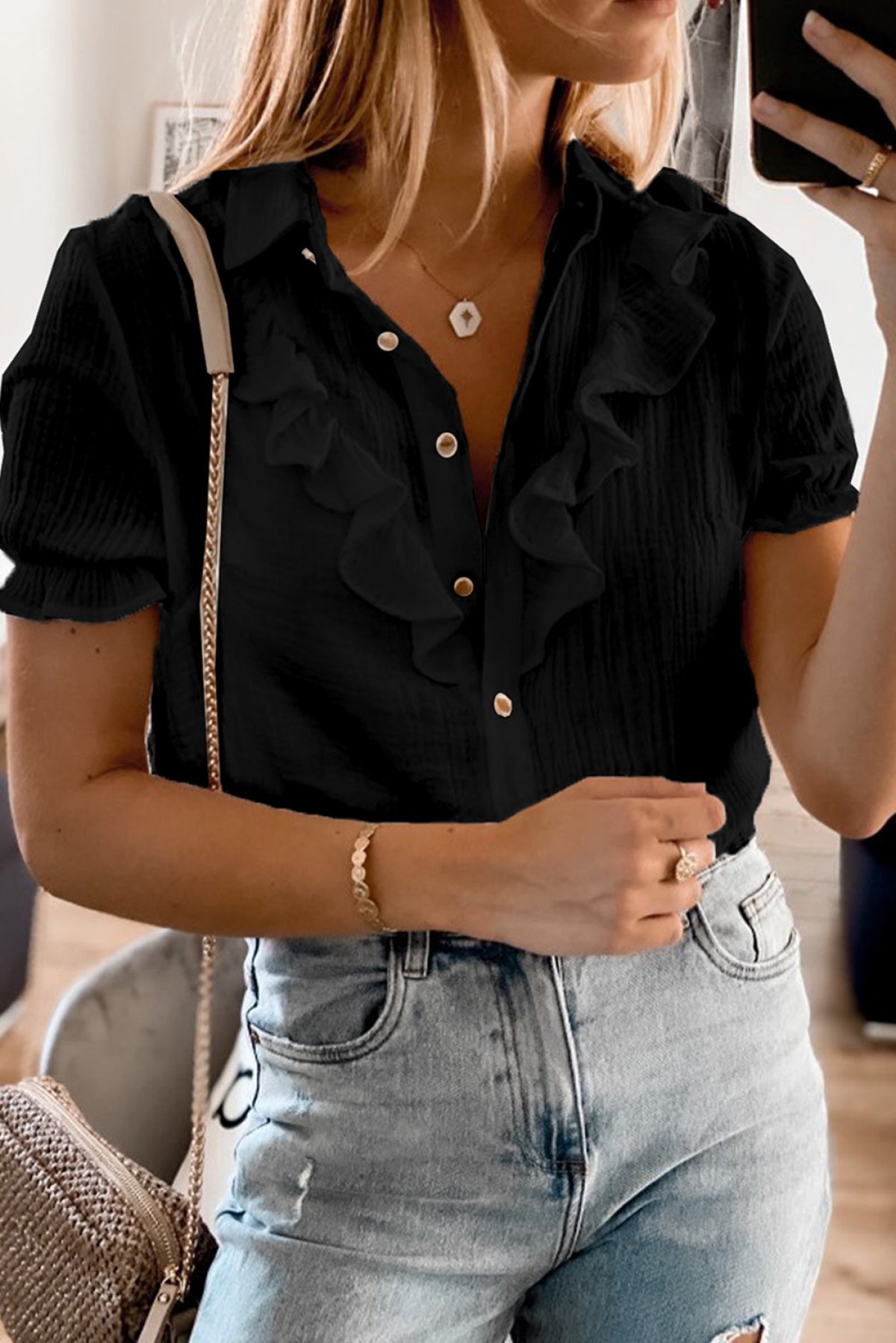 Buttoned Short Sleeves Shirt With Ruffles