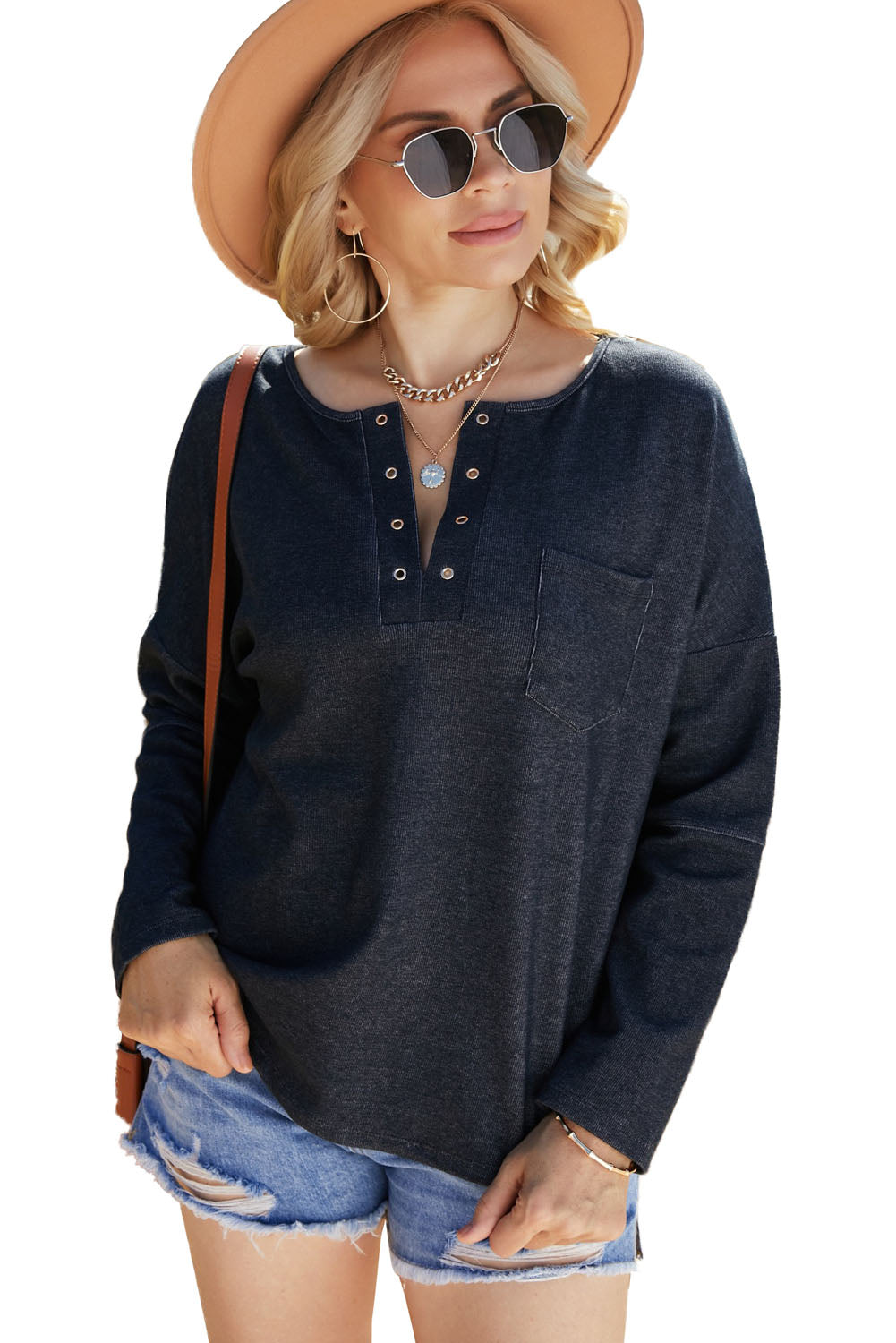 V Neck Washed Grommet Top