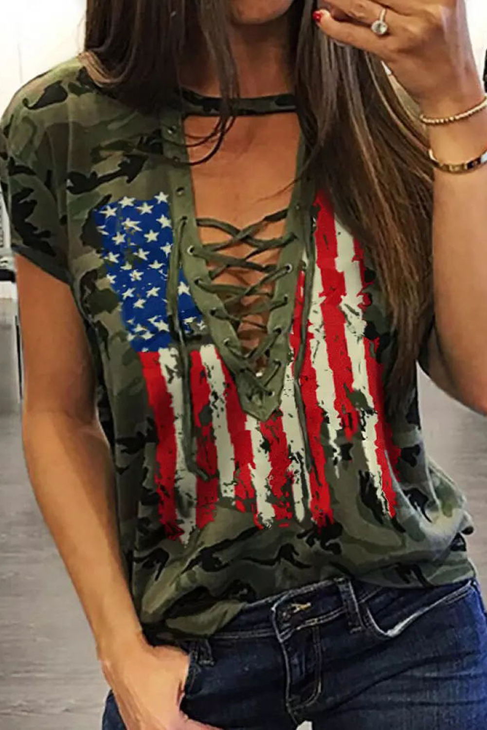 Green Camo American Flag Print Lace Up T-Shirt