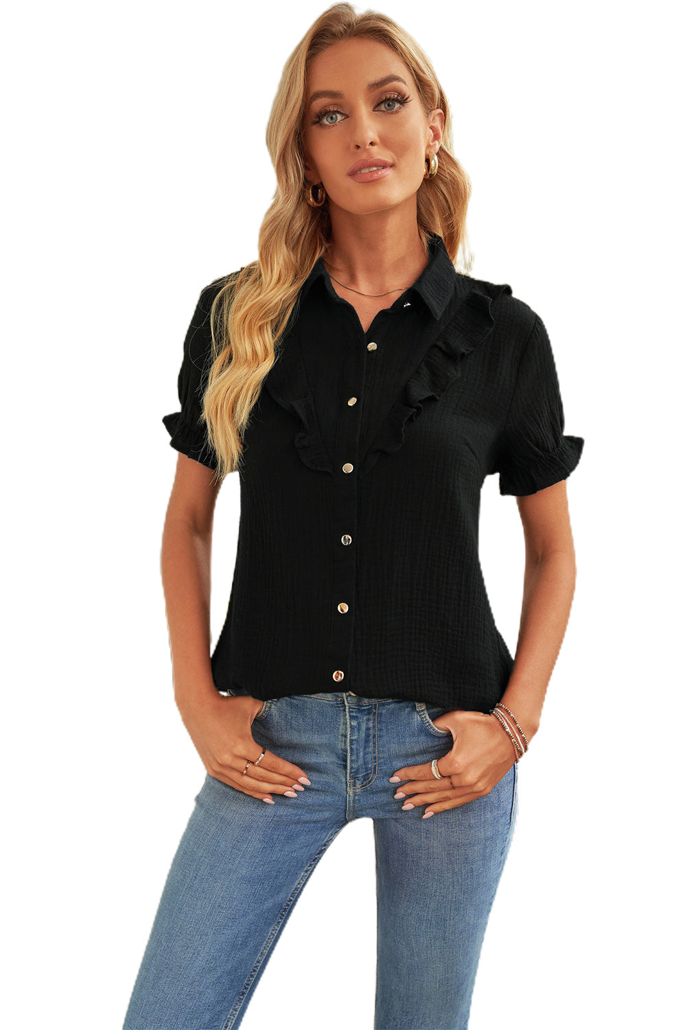 Buttoned Short Sleeves Shirt With Ruffles