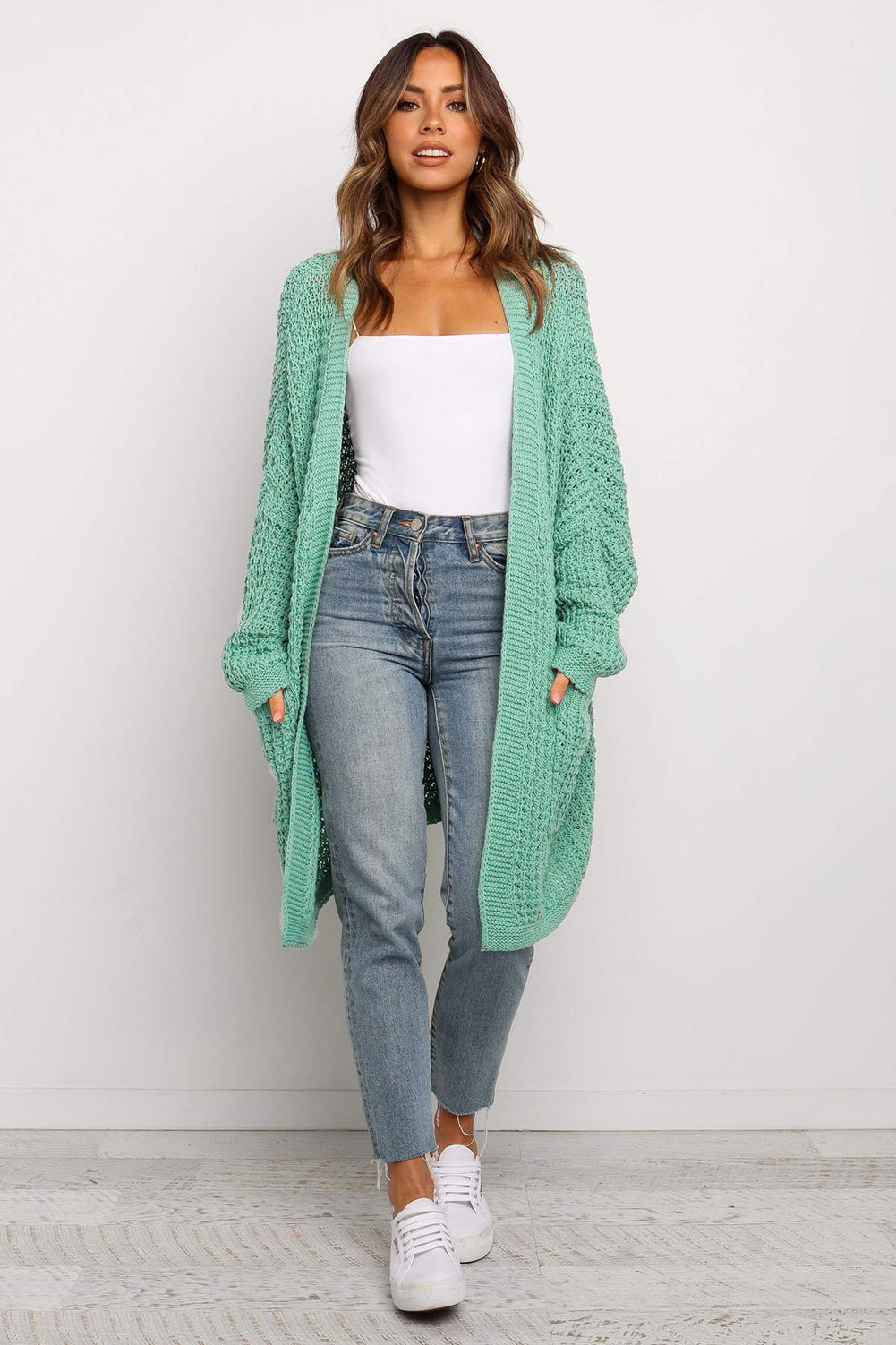 Green Long Line Open Front Knitted Cardigan With Pockets